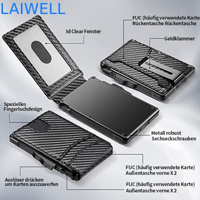 Cartera de aluminio multifuncional de fibra de carbono negro de 6 en 1 Cartera de vuelta con clip de dinero de acero