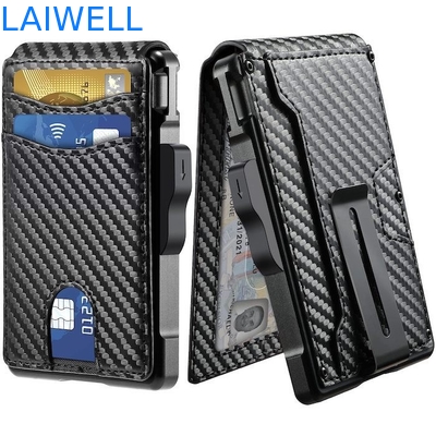 Cartera de aluminio multifuncional de fibra de carbono negro de 6 en 1 Cartera de vuelta con clip de dinero de acero