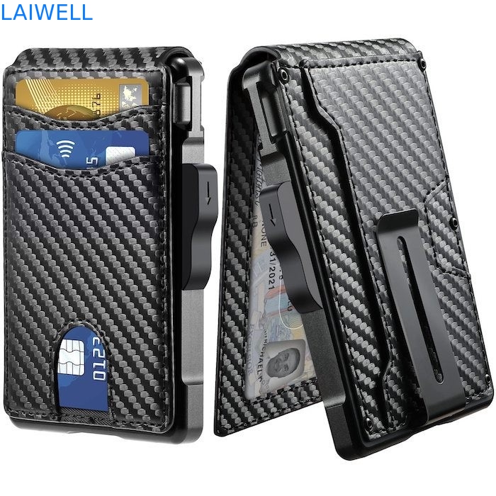 Cartera de aluminio multifuncional de fibra de carbono negro de 6 en 1 Cartera de vuelta con clip de dinero de acero