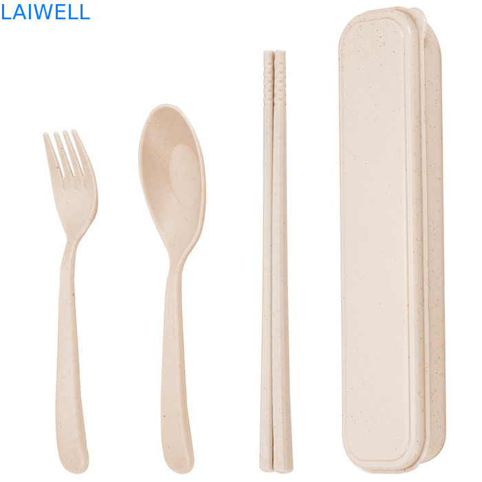 Color beige portátil Fibra de paja de trigo sostenible 3 PC Conjunto de utensilios de mesa ecológicos reutilizables