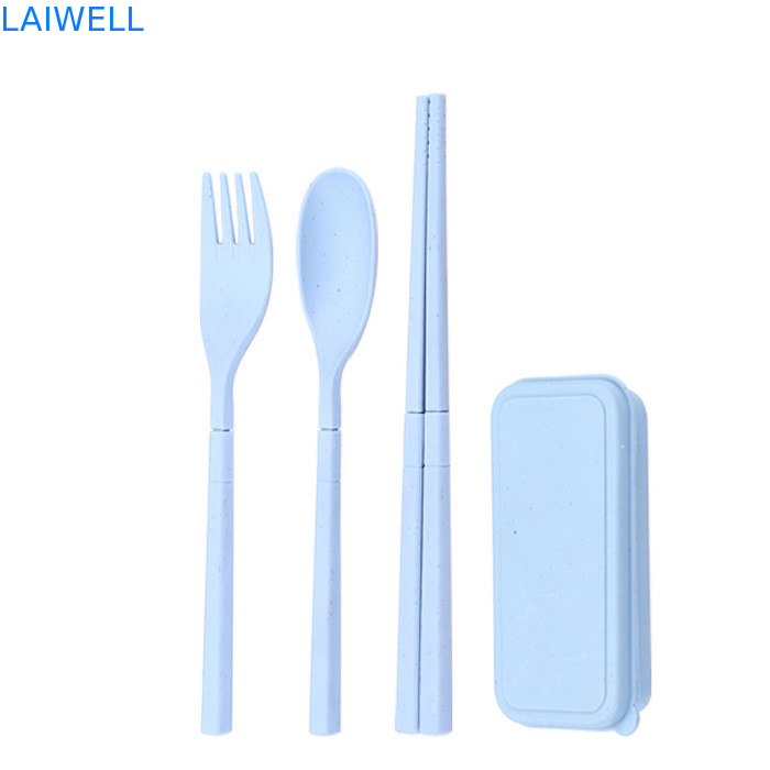 Eco Wheat Straw Fiber Blue Plegable 3-PC Flatware Set Acentos de vajilla sostenibles personalizables y reutilizables para su negocio ecológico