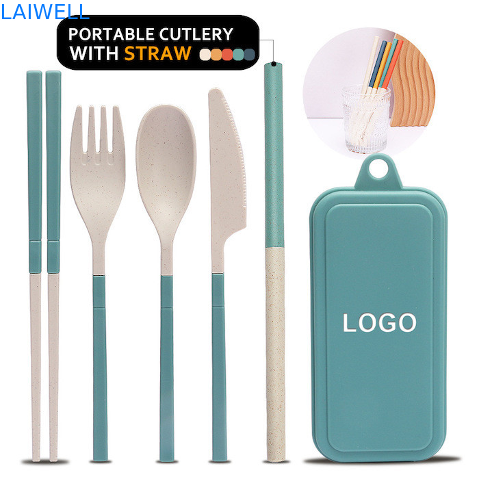 Cuchillería portátil de fibra de paja de trigo verde de 5 PC Conjunto versátil Biodegradable Accesorios de vajilla sostenible y adecuado para comidas calientes y frías